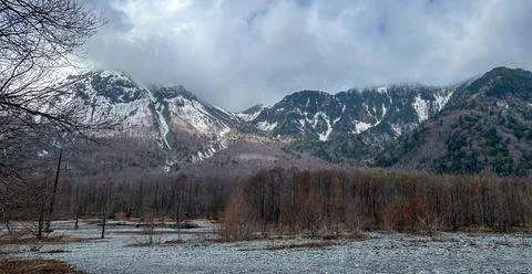 Snow-Capped Mountain Range and Forest Landscape. Stock Photos