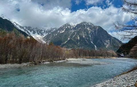 Snow-Capped Mountain Range and Forest Landscape. Stock Photos