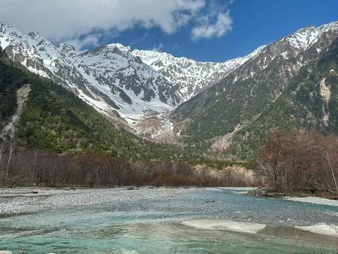 Snow-Capped Mountain Range and Forest Landscape. Stock Photos