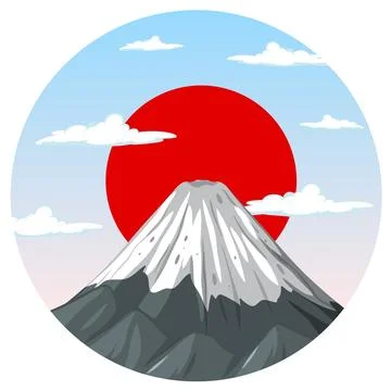 Snow-Capped Mountain with Red Sun and Blue Sky Stock Illustration