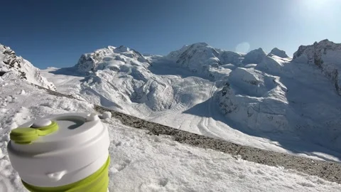 Snow-Capped Mountain View with Water Bottle Stock Footage 314616253