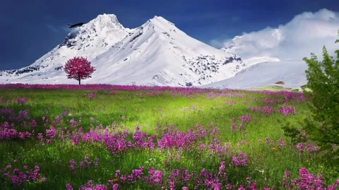 Snow-capped mountains and fields of flowers Stock Footage 279862554