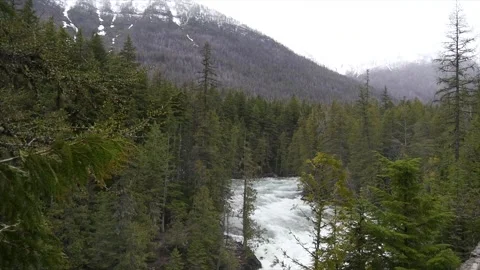 Snow Capped Mountains and River in Dense Forest Stock Footage 270229778