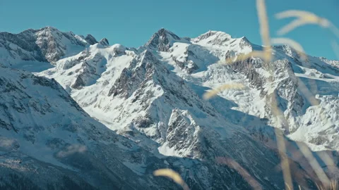 Snow capped mountains on a blue sky in sunny weather through the grass Stock Footage 138041512