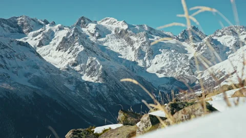 Snow capped mountains on a blue sky in sunny weather through the grass Stock Footage 138041844