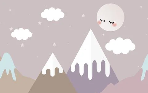 Snow-capped mountains, cloudy sky with stars and embarrassed full moon Stock Illustration