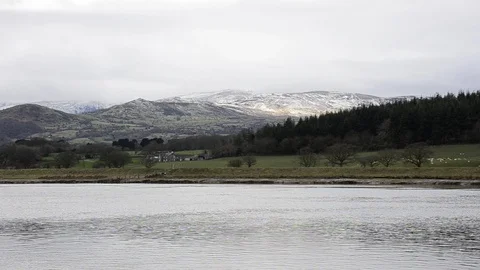 Snow capped mountains, forest and river in foreground Vidéo 91662835