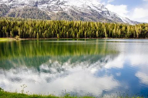 Snow-capped mountains reflect in tranquil lake surrounded by lush forest Stock Photos