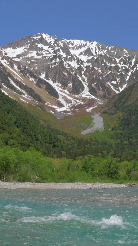 Snow Capped Peak Above Rushing Mountain River Vertical Video Stock-Footage 346002427