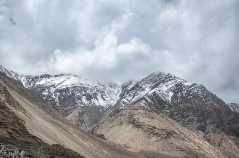 Snow-Capped Peaks over Diskit Valley, Ladakh Stock Photos