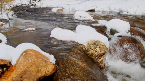 Snow Capped River Rocks Float Video stock 39763163
