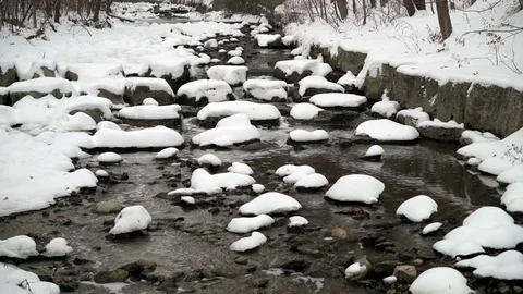 Snow Capped Rocks In Crisp River Water Stock Footage 70679351