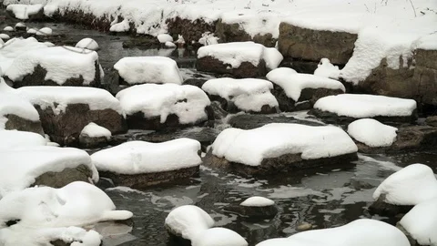 Snow capped rocks in a small river. Stock Footage 70679262