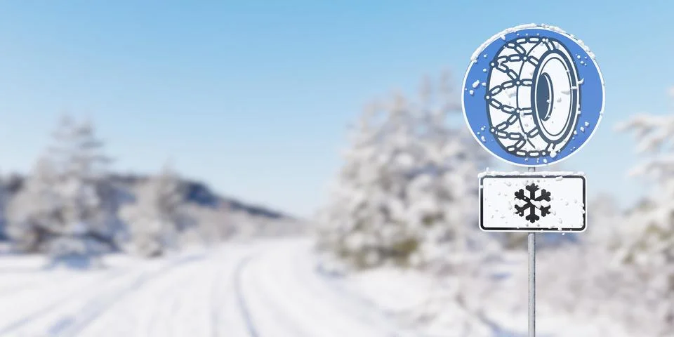 Snow chains required sign in front of snowy winter road background with sno.. Stock Illustration