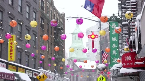 Snow on Chinatown lanterns Stock Footage 147634547