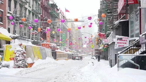 Snow in Chinatown New York Stock Footage 147634341
