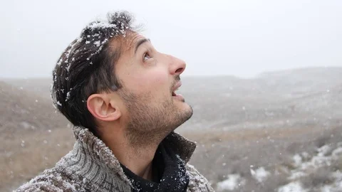 Snow cover head of the man. He is glad, happy and smile. Stock-Footage 87185983