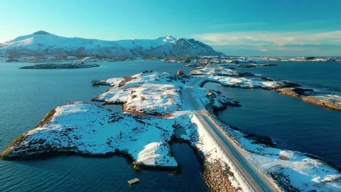 Snow Covered Atlantic Ocean Road in Norway,  Winter Aerial Footage Stock Footage 315740246