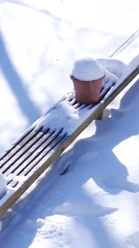 Snow Covered on Back Deck opf Residential Home - Vertical Stock Footage 328481195