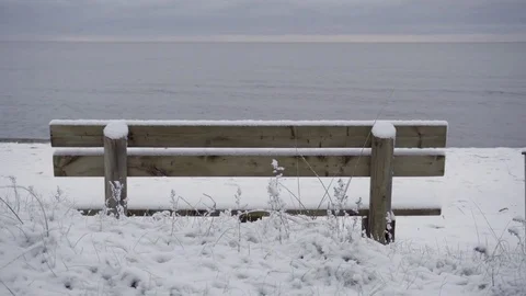 Snow covered bench on beach during winter Stock Footage 73011257