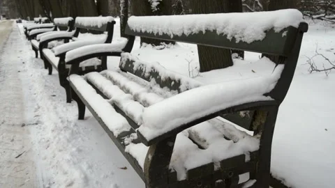 Snow-covered benches Vídeo Stock 221642839