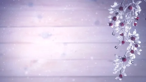 Snow-covered branch against the backdrop of wooden planks. Video stock 70878980