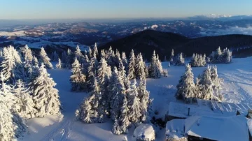 Snow covered cabin on a mountain Stock Footage 86112059