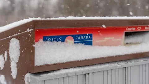 Snow-covered Canada Post mailbox in winter landscape, surrounded by falling Stock Photos