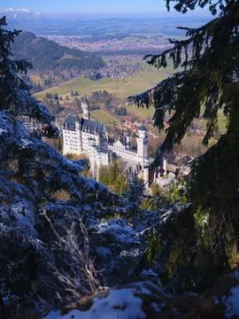 Snow-covered castle surrounded by pine trees in Bavaria during a clear winter Stock Photos