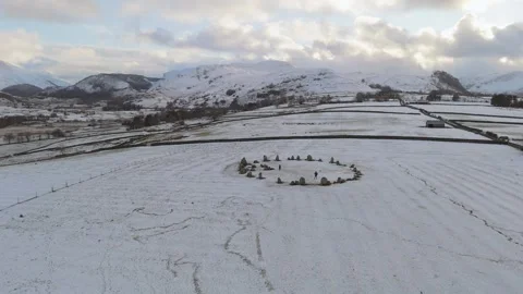 Snow-covered Castlerigg Stone Circle in the Lake District, a historic landmark. Stock Footage 297630233