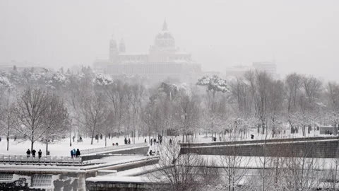 Snow covered cathedral in the mist Stock Footage 151475162