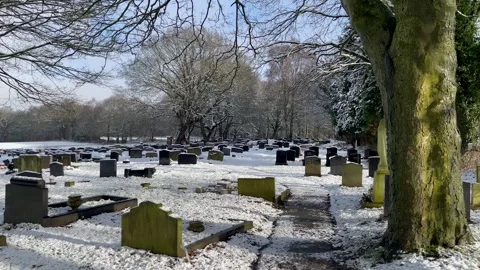 Snow covered cemetry graveyard burial ground gravestones Stock Footage 298974274