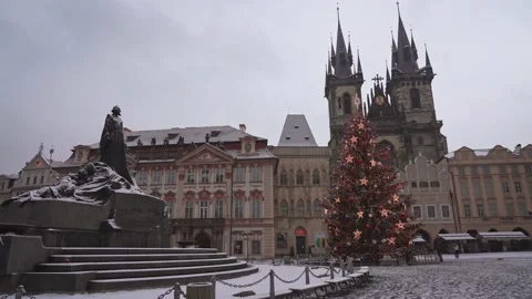 Snow covered Christmas tree on the Old Town Square in Prague Stock Footage 144685840