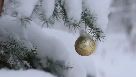 Snow covered Christmas tree with a single golden ornament with snowflakes  Stock Footage 210222350