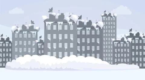 Snow covered city vector flat illustration. Cold season concept. Stock Illustration