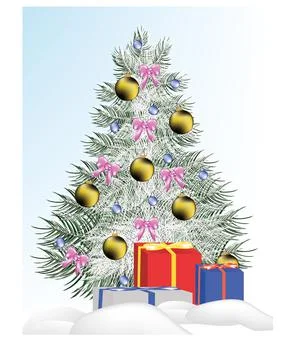 Snow-covered decorated Christmas tree and gifts Illustrazione stock