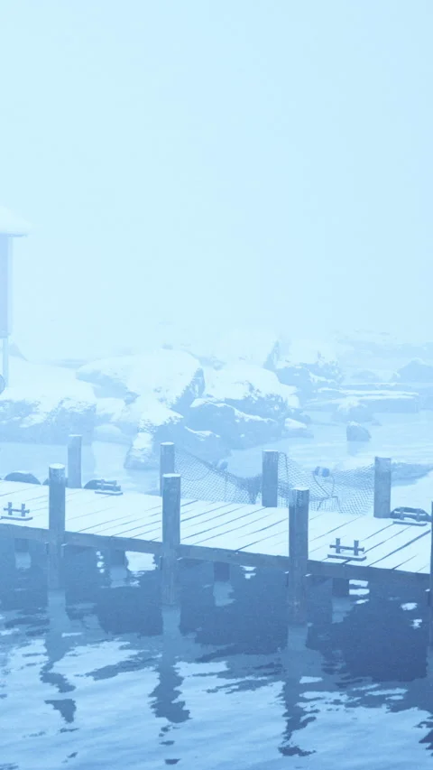 Snow covered dock in fog during winter morning near water Stock Footage 340636016