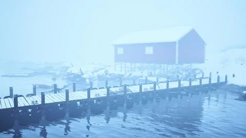 Snow-covered Dock With Red Building in the Background Ilustración de archivo