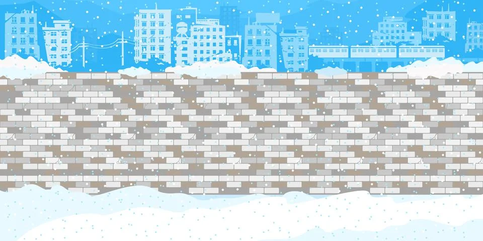 Snow Covered Empty Brick Wall With Winter Background Of The Cityscape Vector Stock Illustration