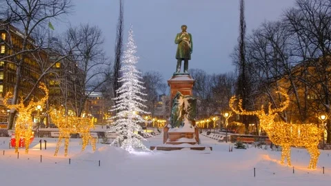 Snow-covered Esplanadi park decorated for the Christmas Stock Footage 148095060