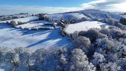 Snow Covered Fields and Hedgerows Aerial Stock Footage 345961702