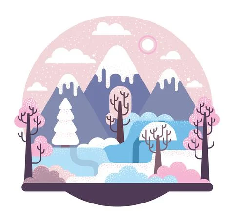 Snow-covered fields and a icy peak mountain - vector cartoon illustration Stock Illustration