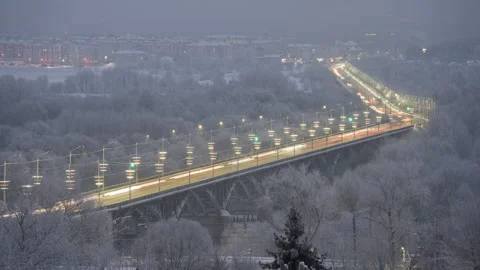 Snow-covered forest and bridge over the Klyazma River, Vladimir, Russia Stock Footage 167819255