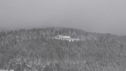 Snow-covered forest with a small building hut nestled among the trees heavy Vídeos de archivo 327477200