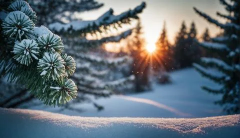 A snow covered forest with a tree branch in the foreground Stock-Illustration