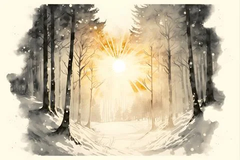 A snow covered ground in front of a forest with trees Stock Illustration