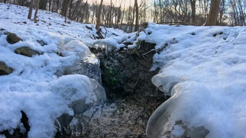 A snow covered ground with a small stream of water Video stock 302748513