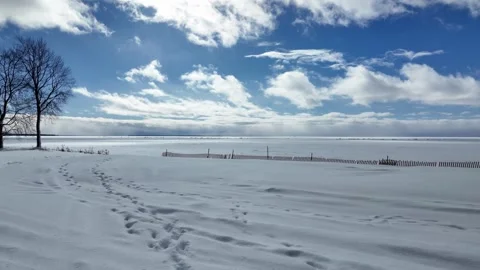 Snow-Covered Ground Under Blue Winter Skies Stock Footage 301638755