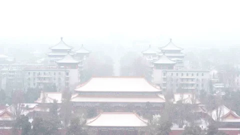 Snow-Covered Historic Tower at the Forbidden City 07 Stock Footage 305417239
