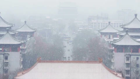 Snow-Covered Historic Tower at the Forbidden City 09 Stock Footage 305417241